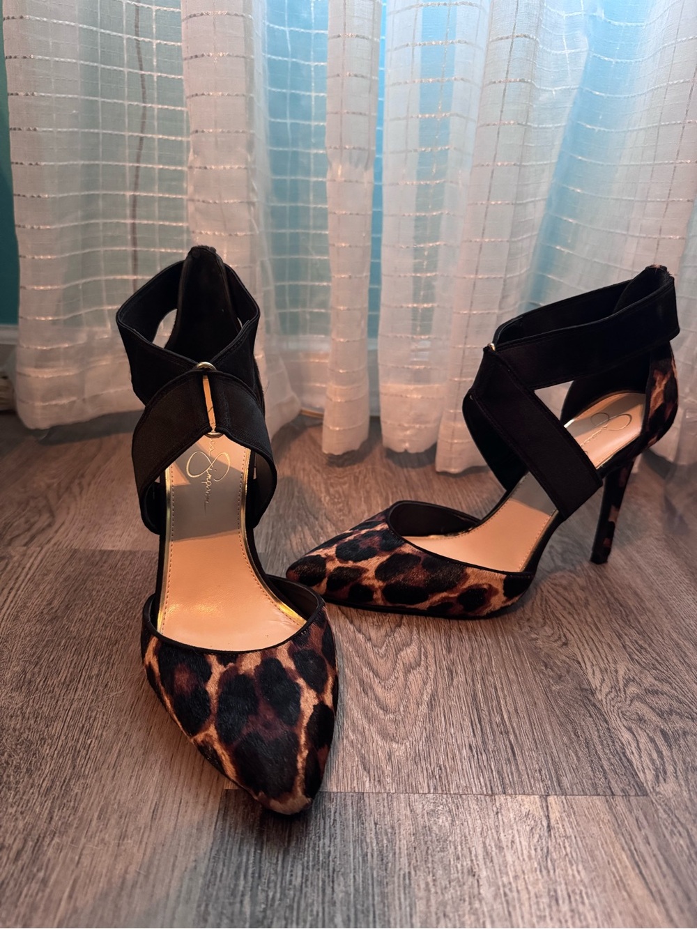 Leopard Print Pointed-Toe Ankle-Strap Heels - Black/Leopard